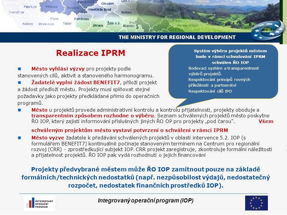Integrovaný operační program (IOP) Realizace IPRM Město vyhlásí výzvy pro projekty podle stanovených cílů, aktivit a stanoveného harmonogramu.