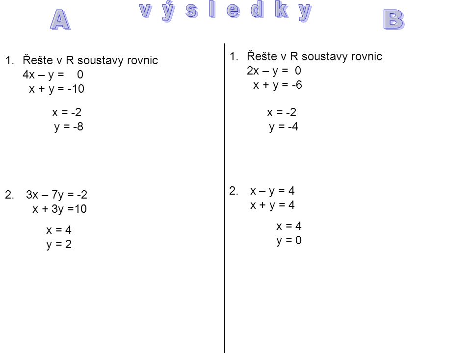 1.Řešte v R soustavy rovnic 4x – y = 0 x + y =