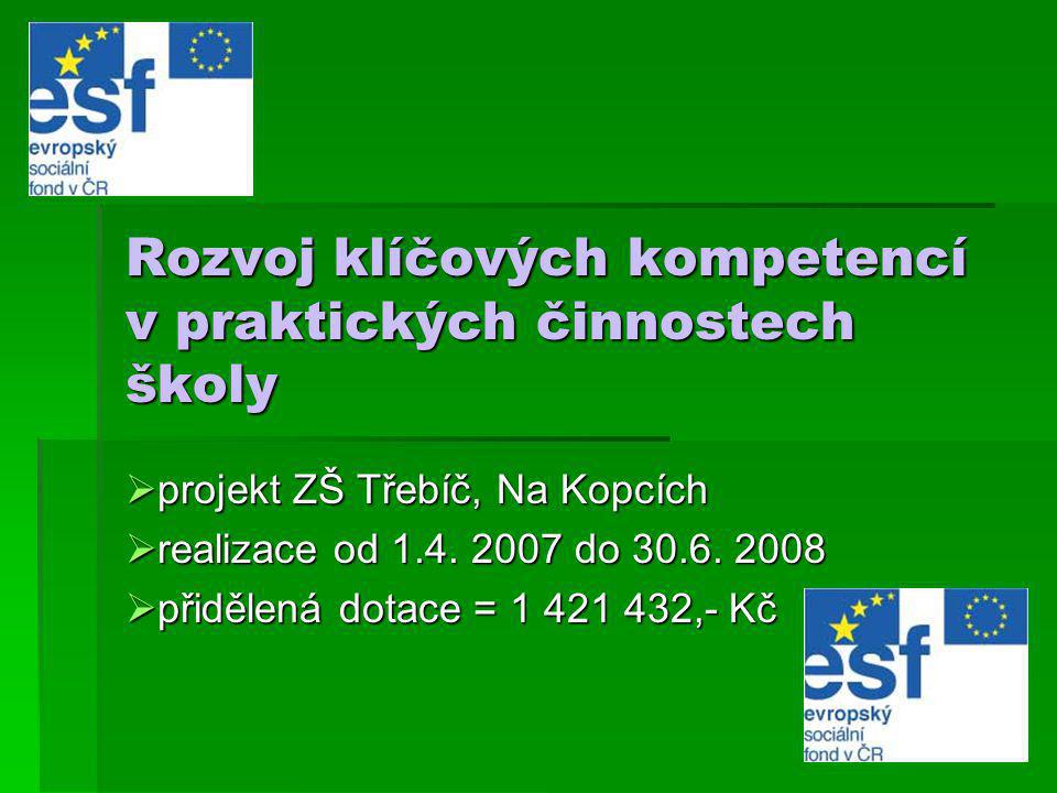 Rozvoj klíčových kompetencí v praktických činnostech školy  projekt ZŠ Třebíč, Na Kopcích  realizace od 1.4.