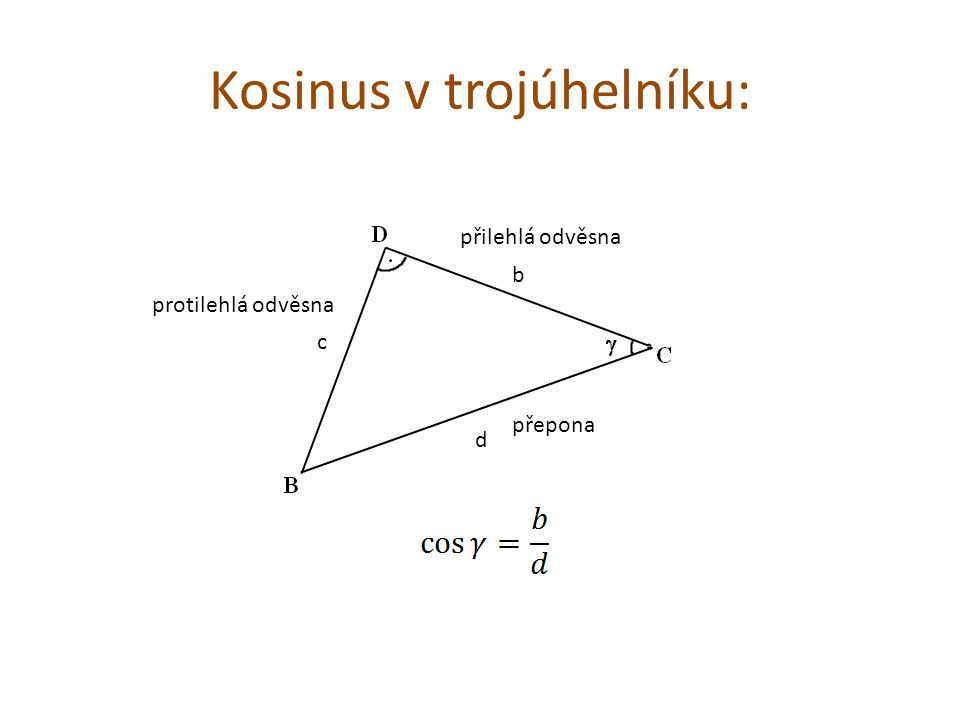 Kosinus v trojúhelníku: c b d přepona přilehlá odvěsna protilehlá odvěsna
