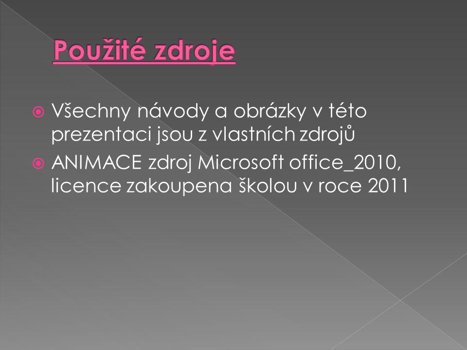  Všechny návody a obrázky v této prezentaci jsou z vlastních zdrojů  ANIMACE zdroj Microsoft office_2010, licence zakoupena školou v roce 2011