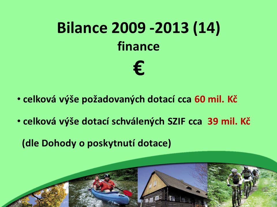 Bilance (14) finance € celková výše požadovaných dotací cca 60 mil.