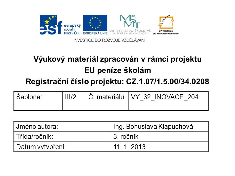 Výukový materiál zpracován v rámci projektu EU peníze školám Registrační číslo projektu: CZ.1.07/1.5.00/ Šablona:III/2Č.