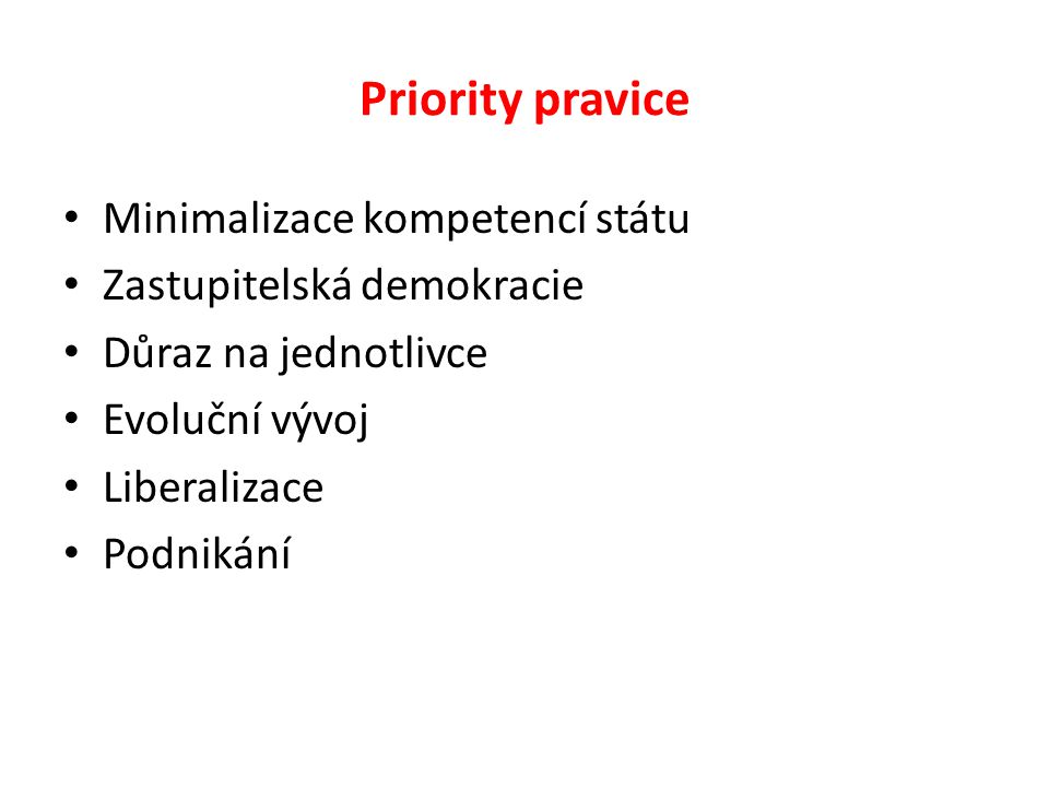 Priority pravice Minimalizace kompetencí státu Zastupitelská demokracie Důraz na jednotlivce Evoluční vývoj Liberalizace Podnikání