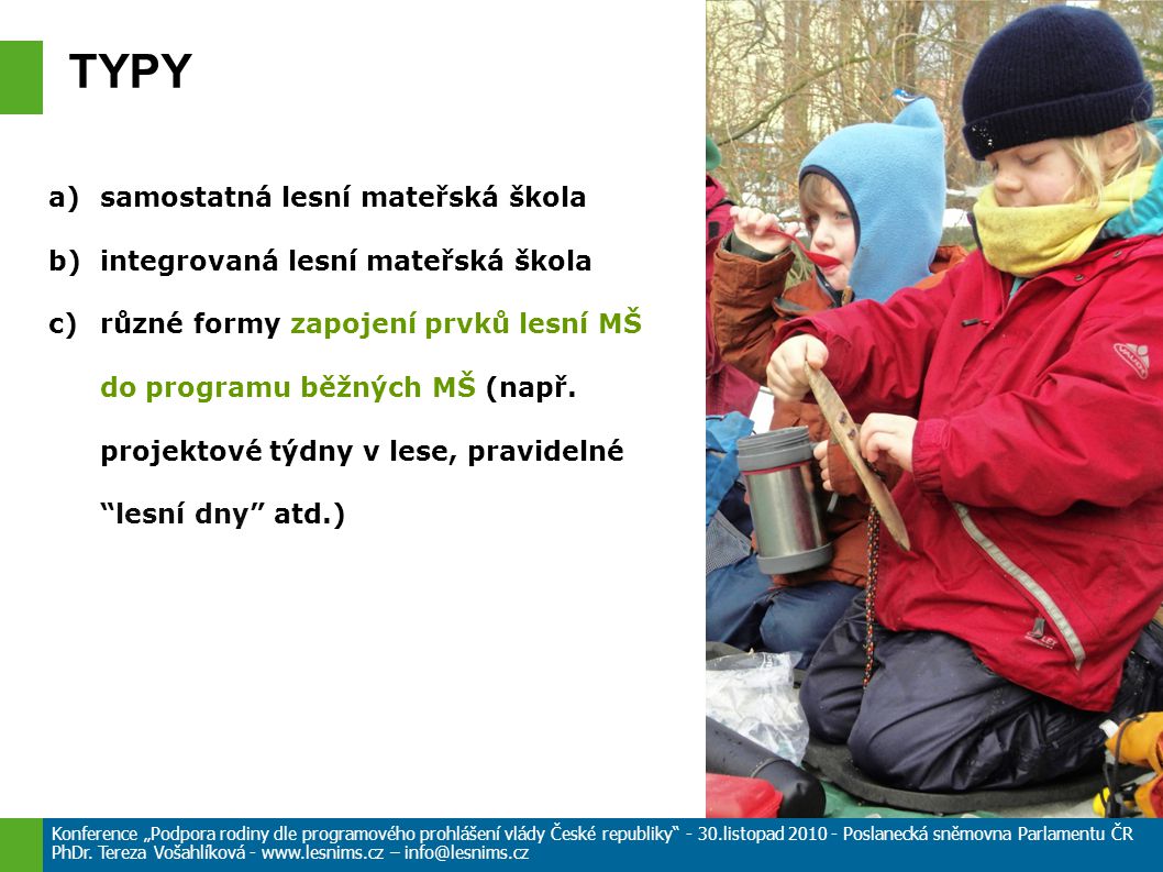a)samostatná lesní mateřská škola b)integrovaná lesní mateřská škola c)různé formy zapojení prvků lesní MŠ do programu běžných MŠ (např.