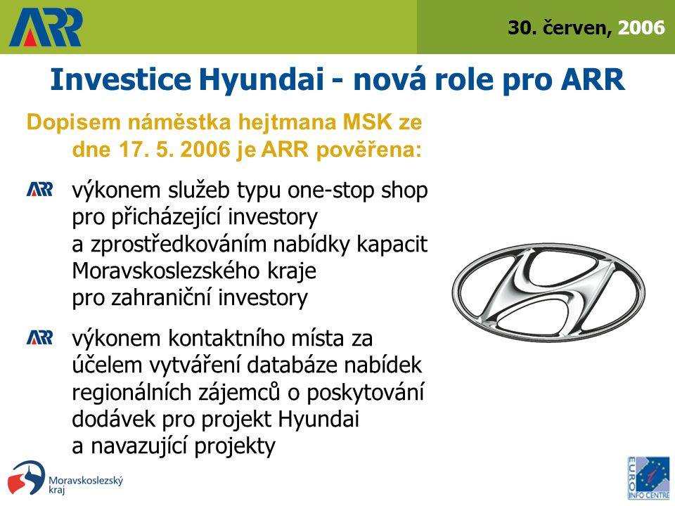 30. červen, 2006 Investice Hyundai - nová role pro ARR Dopisem náměstka hejtmana MSK ze dne 17.