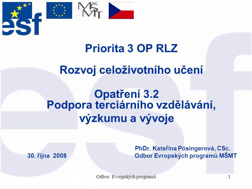 Odbor Evropských programů1 Priorita 3 OP RLZ Rozvoj celoživotního učení Opatření 3.2 Podpora terciárního vzdělávání, výzkumu a vývoje PhDr.