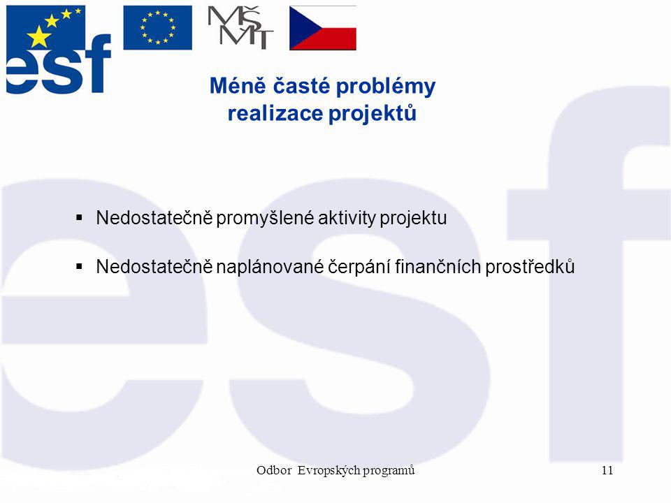 Odbor Evropských programů11 Méně časté problémy realizace projektů  Nedostatečně promyšlené aktivity projektu  Nedostatečně naplánované čerpání finančních prostředků