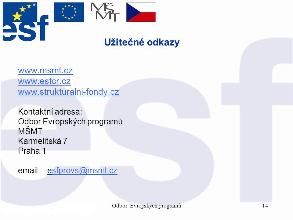Odbor Evropských programů14 Užitečné odkazy Kontaktní adresa: Odbor Evropských programů MŠMT Karmelitská 7 Praha 1