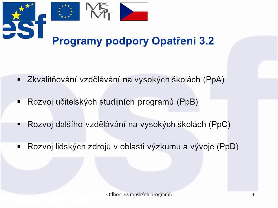 Odbor Evropských programů4 Programy podpory Opatření 3.2  Zkvalitňování vzdělávání na vysokých školách (PpA)  Rozvoj učitelských studijních programů (PpB)  Rozvoj dalšího vzdělávání na vysokých školách (PpC)  Rozvoj lidských zdrojů v oblasti výzkumu a vývoje (PpD)