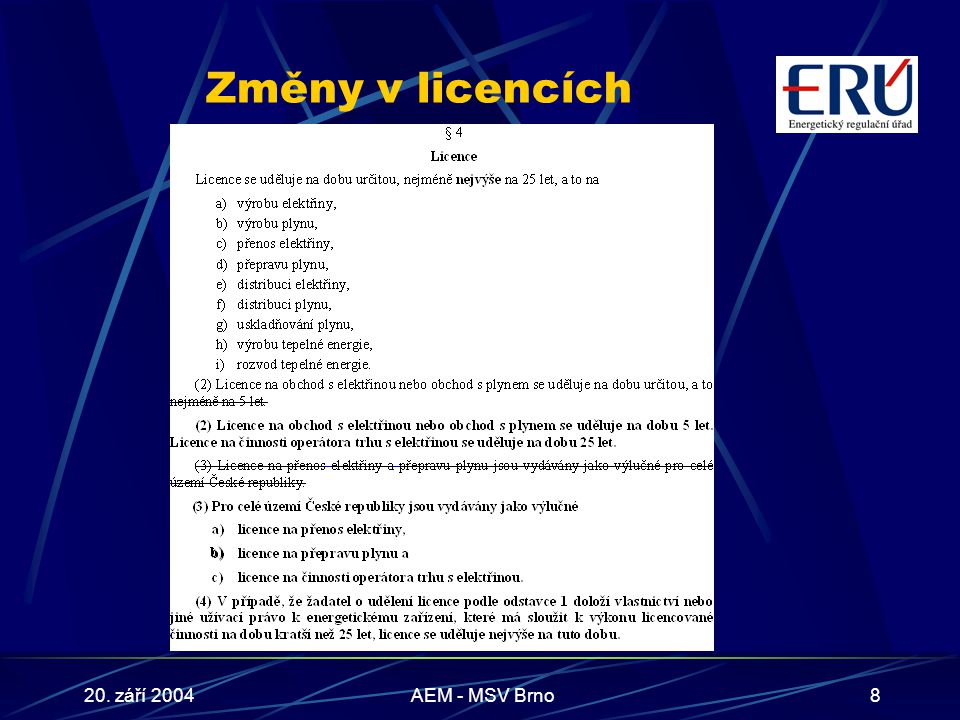 20. září 2004AEM - MSV Brno8 Změny v licencích