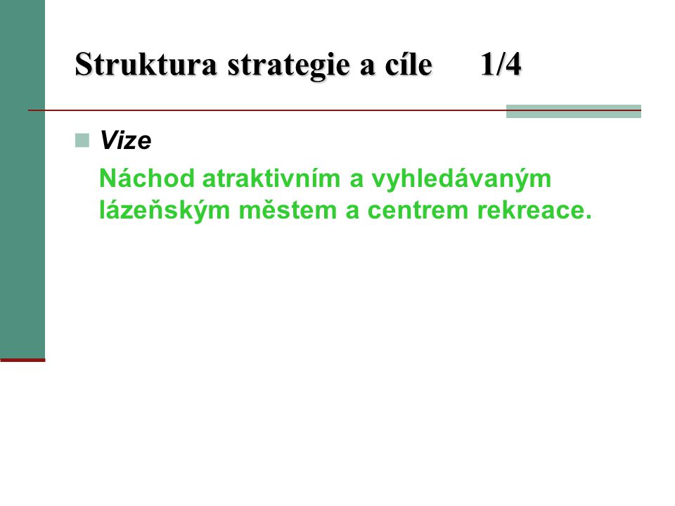 Struktura strategie a cíle1/4 Vize Náchod atraktivním a vyhledávaným lázeňským městem a centrem rekreace.