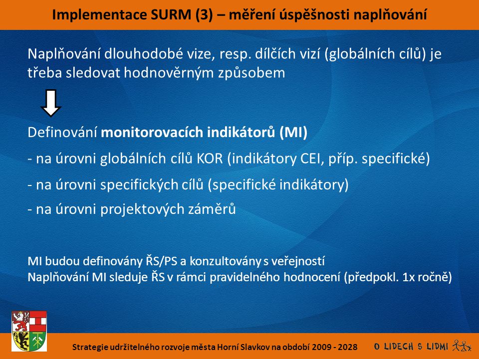 Strategie udržitelného rozvoje města Horní Slavkov na období Implementace SURM (3) – měření úspěšnosti naplňování Naplňování dlouhodobé vize, resp.