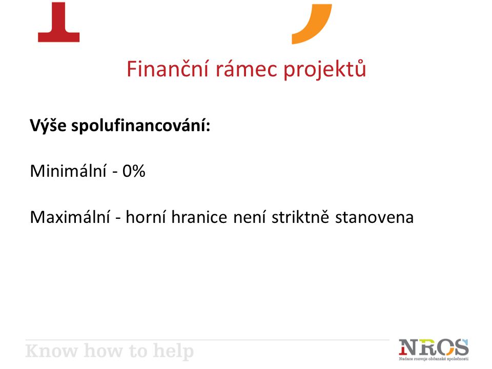 Finanční rámec projektů Výše spolufinancování: Minimální - 0% Maximální - horní hranice není striktně stanovena