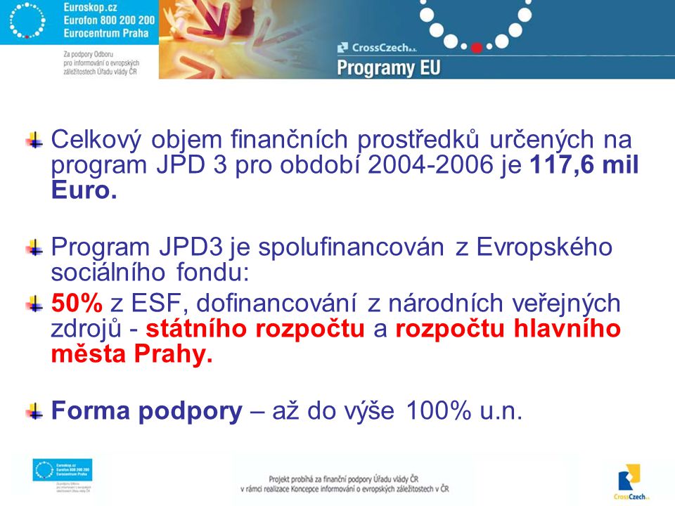 Celkový objem finančních prostředků určených na program JPD 3 pro období je 117,6 mil Euro.