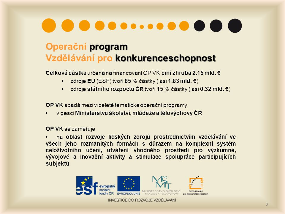 program konkurenceschopnost Operační program Vzdělávání pro konkurenceschopnost Celková částka určená na financování OP VK činí zhruba 2.15 mld.
