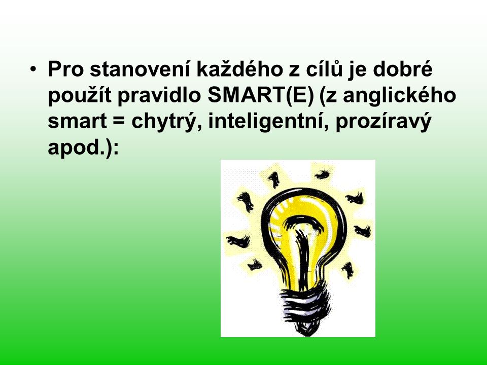 Pro stanovení každého z cílů je dobré použít pravidlo SMART(E) (z anglického smart = chytrý, inteligentní, prozíravý apod.):