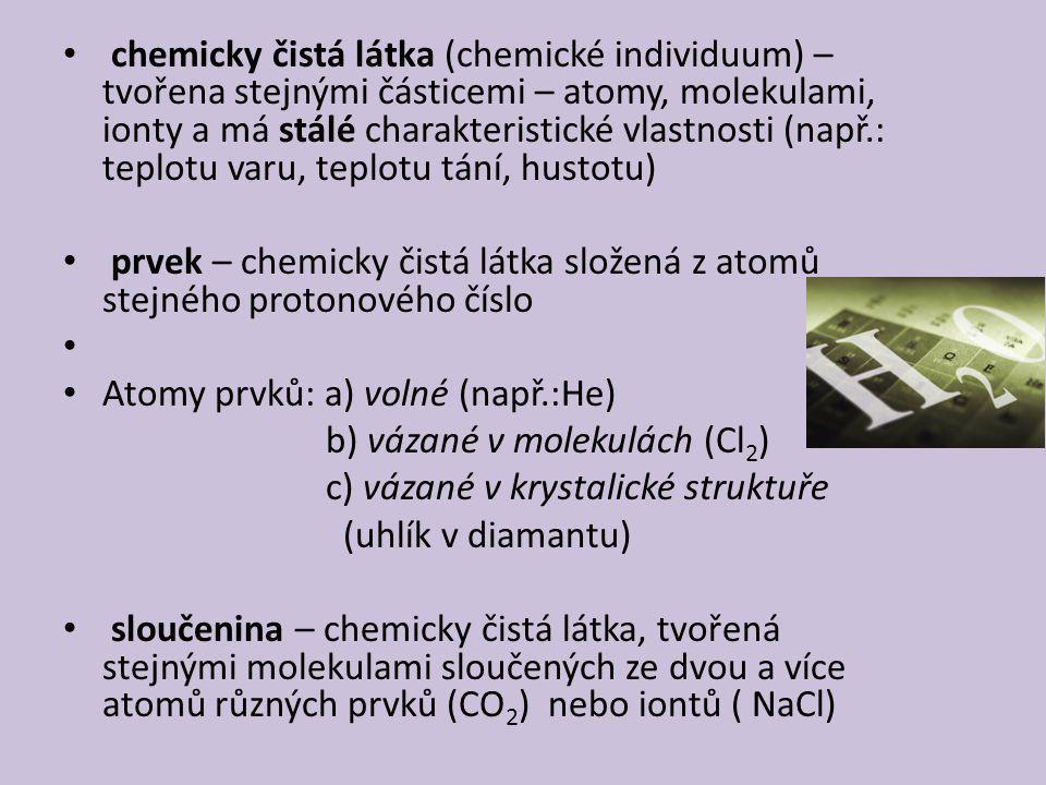 chemicky čistá látka (chemické individuum) – tvořena stejnými částicemi – atomy, molekulami, ionty a má stálé charakteristické vlastnosti (např.: teplotu varu, teplotu tání, hustotu) prvek – chemicky čistá látka složená z atomů stejného protonového číslo Atomy prvků: a) volné (např.:He) b) vázané v molekulách (Cl 2 ) c) vázané v krystalické struktuře (uhlík v diamantu) sloučenina – chemicky čistá látka, tvořená stejnými molekulami sloučených ze dvou a více atomů různých prvků (CO 2 ) nebo iontů ( NaCl)