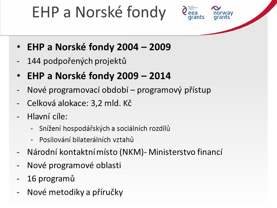 EHP a Norské fondy EHP a Norské fondy 2004 – podpořených projektů EHP a Norské fondy 2009 – Nové programovací období – programový přístup -Celková alokace: 3,2 mld.