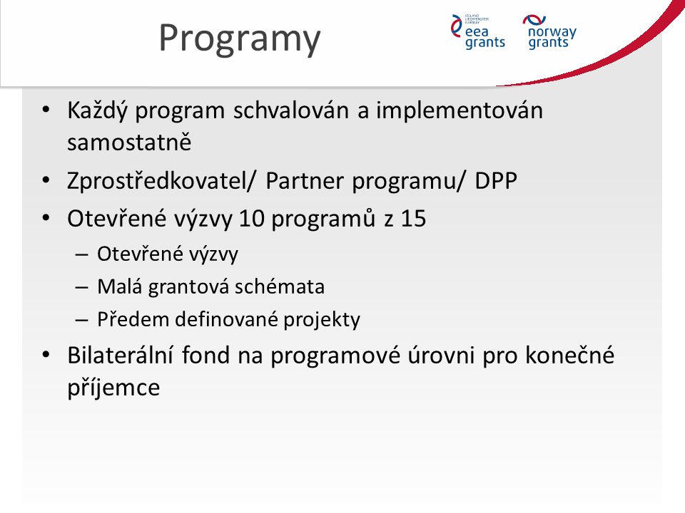 Programy Každý program schvalován a implementován samostatně Zprostředkovatel/ Partner programu/ DPP Otevřené výzvy 10 programů z 15 – Otevřené výzvy – Malá grantová schémata – Předem definované projekty Bilaterální fond na programové úrovni pro konečné příjemce