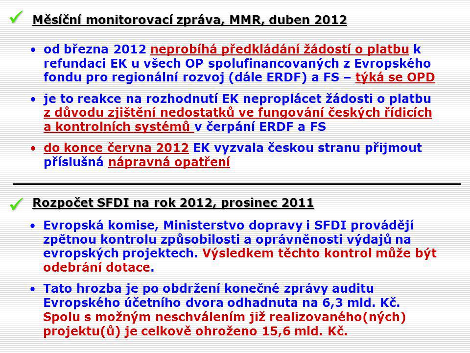 od března 2012 neprobíhá předkládání žádostí o platbu k refundaci EK u všech OP spolufinancovaných z Evropského fondu pro regionální rozvoj (dále ERDF) a FS – týká se OPD je to reakce na rozhodnutí EK neproplácet žádosti o platbu z důvodu zjištění nedostatků ve fungování českých řídicích a kontrolních systémů v čerpání ERDF a FS do konce června 2012 EK vyzvala českou stranu přijmout příslušná nápravná opatření Měsíční monitorovací zpráva, MMR, duben 2012 Rozpočet SFDI na rok 2012, prosinec 2011 Evropská komise, Ministerstvo dopravy i SFDI provádějí zpětnou kontrolu způsobilosti a oprávněnosti výdajů na evropských projektech.