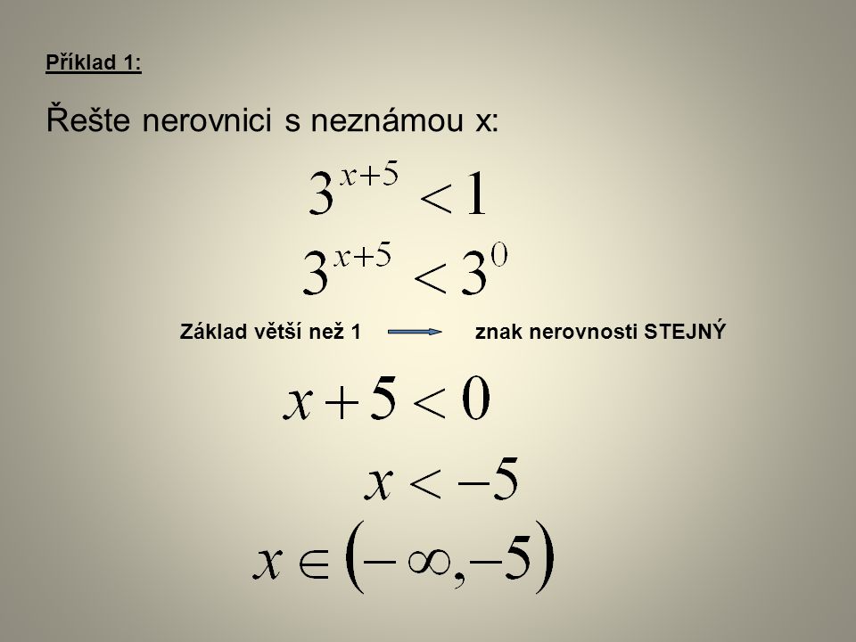 Příklad 1: Řešte nerovnici s neznámou x: Základ větší než 1 znak nerovnosti STEJNÝ