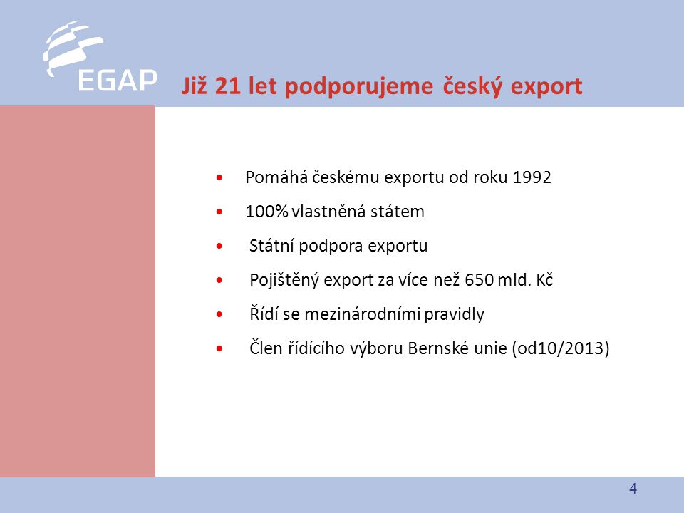 4 Již 21 let podporujeme český export Pomáhá českému exportu od roku % vlastněná státem Státní podpora exportu Pojištěný export za více než 650 mld.