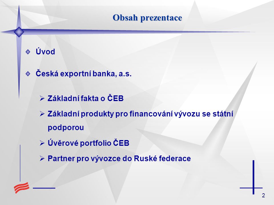 2 Obsah prezentace Úvod Česká exportní banka, a.s.
