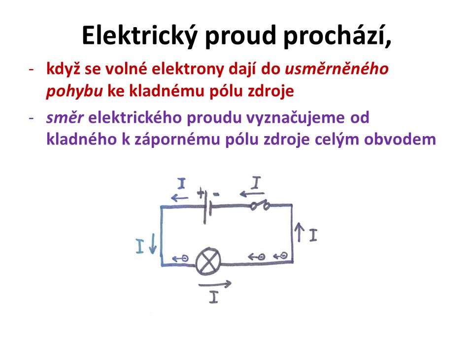 Elektrický proud prochází, -když se volné elektrony dají do usměrněného pohybu ke kladnému pólu zdroje -směr elektrického proudu vyznačujeme od kladného k zápornému pólu zdroje celým obvodem