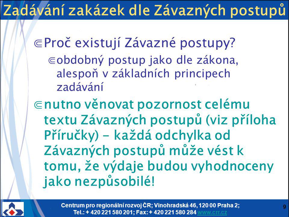 Centrum pro regionální rozvoj ČR; Vinohradská 46, Praha 2; Tel.: ; Fax: ⋐Proč existují Závazné postupy.