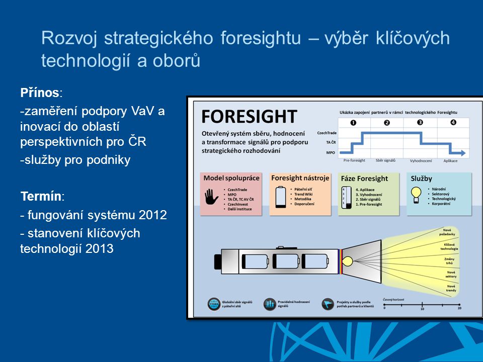 Rozvoj strategického foresightu – výběr klíčových technologií a oborů Přínos: -zaměření podpory VaV a inovací do oblastí perspektivních pro ČR -služby pro podniky Termín: - fungování systému stanovení klíčových technologií 2013