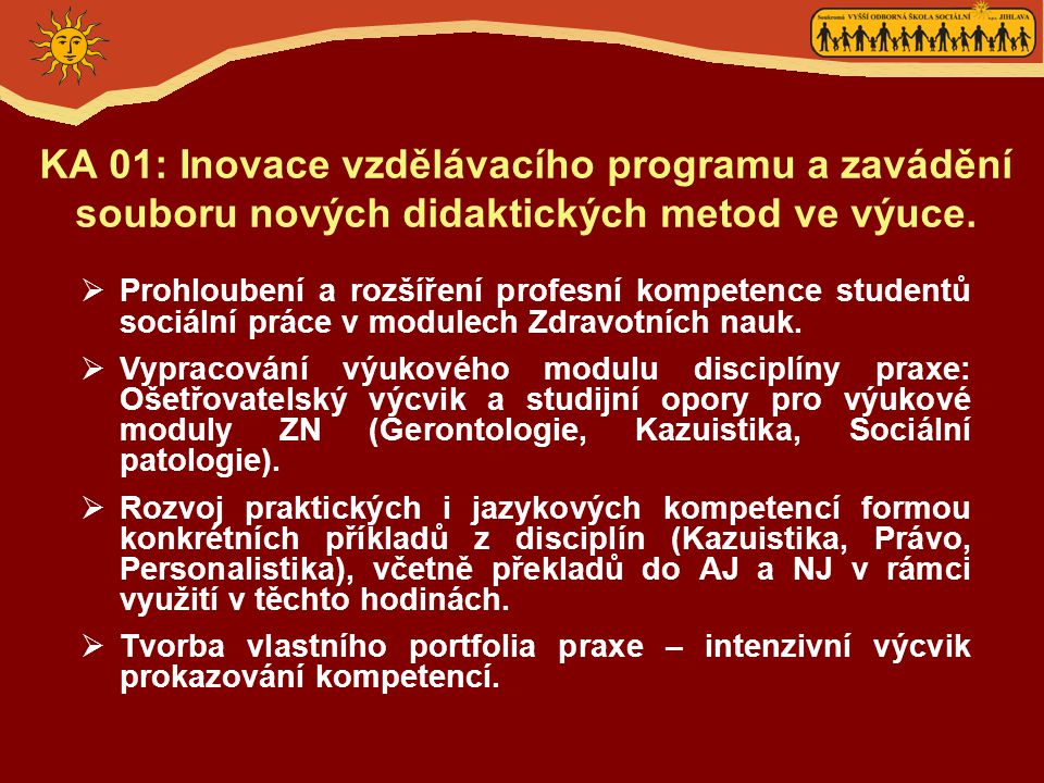 KA 01: Inovace vzdělávacího programu a zavádění souboru nových didaktických metod ve výuce.