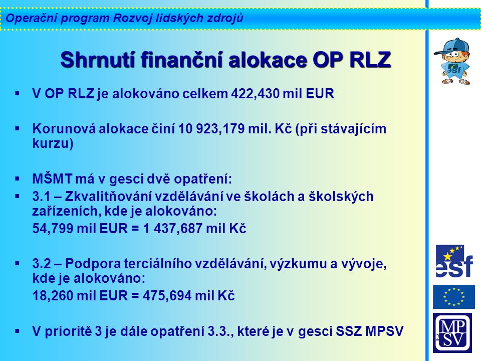 Operační program Rozvoj lidských zdrojů 2  V OP RLZ je alokováno celkem 422,430 mil EUR  Korunová alokace činí ,179 mil.