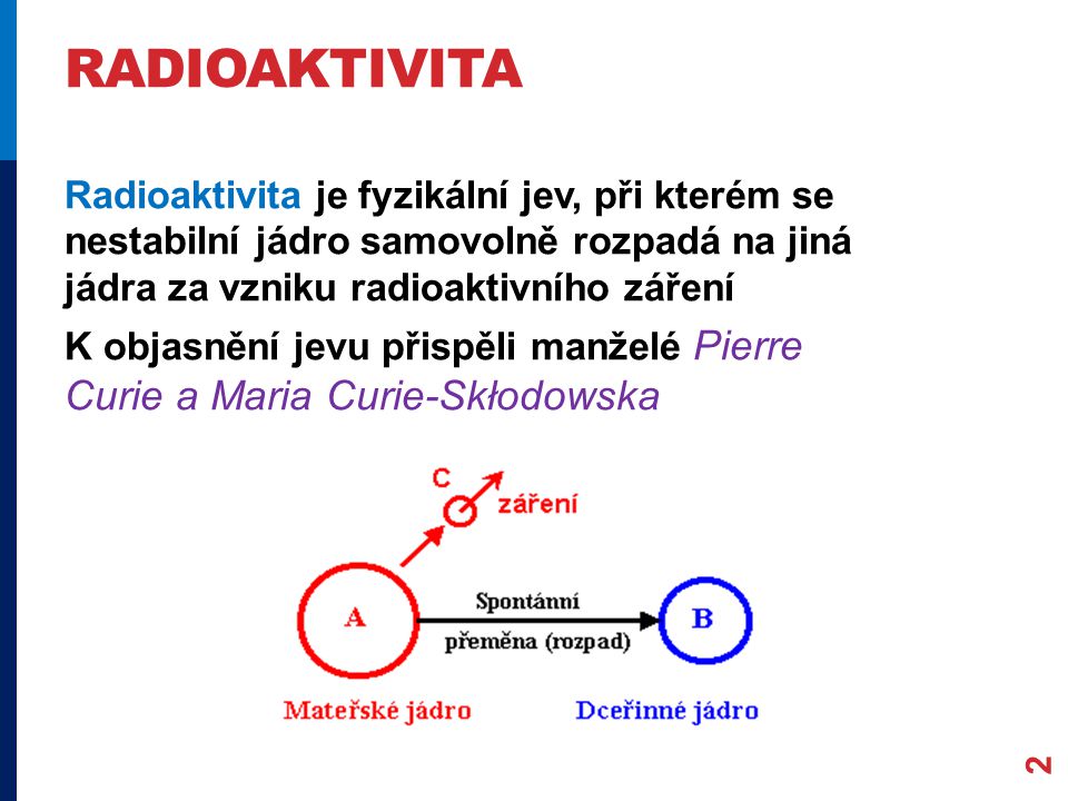 RADIOAKTIVITA 2 Radioaktivita je fyzikální jev, při kterém se nestabilní jádro samovolně rozpadá na jiná jádra za vzniku radioaktivního záření K objasnění jevu přispěli manželé Pierre Curie a Maria Curie-Skłodowska