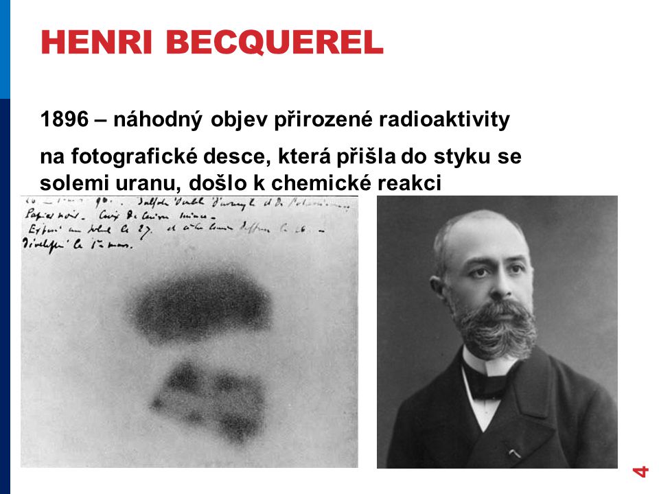 HENRI BECQUEREL – náhodný objev přirozené radioaktivity na fotografické desce, která přišla do styku se solemi uranu, došlo k chemické reakci