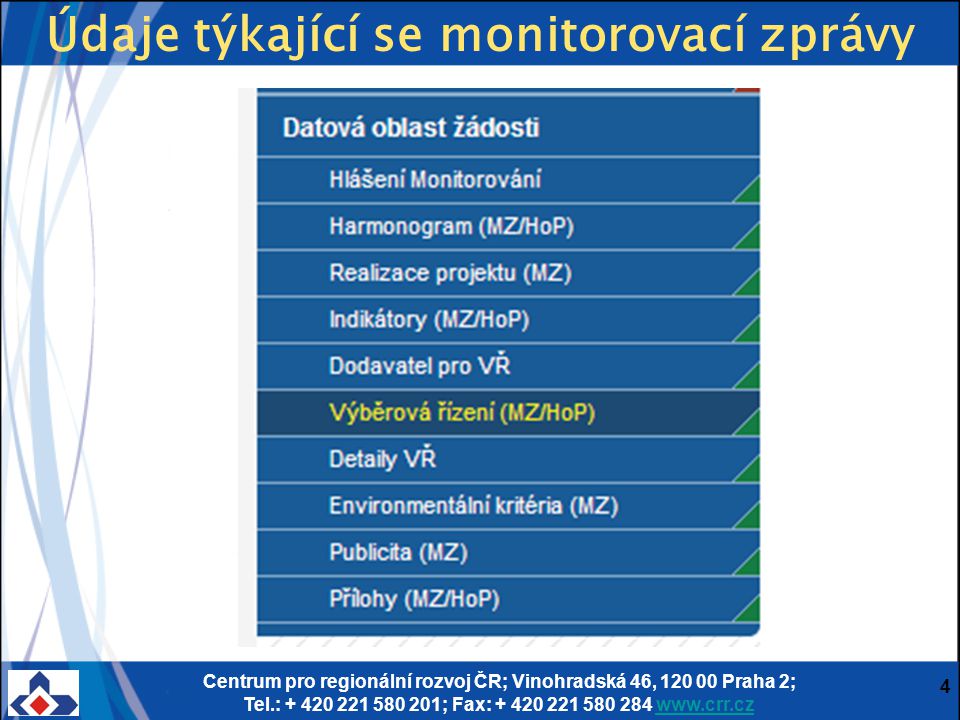 Centrum pro regionální rozvoj ČR; Vinohradská 46, Praha 2; Tel.: ; Fax: Údaje týkající se monitorovací zprávy