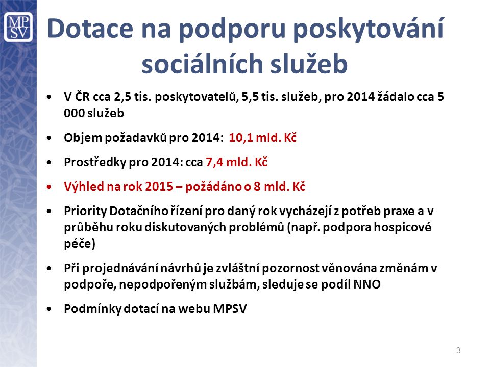 Dotace na podporu poskytování sociálních služeb V ČR cca 2,5 tis.
