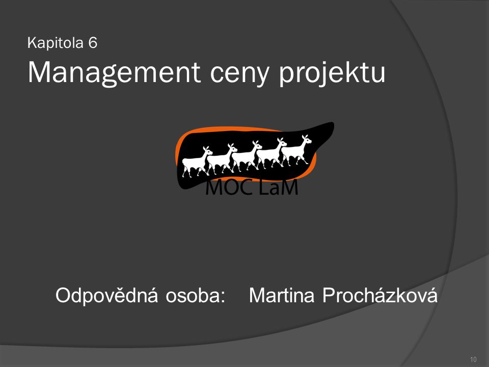 Kapitola 6 Management ceny projektu Odpovědná osoba:Martina Procházková 10