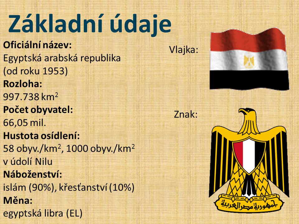 Základní údaje Oficiální název: Egyptská arabská republika (od roku 1953) Rozloha: km 2 Počet obyvatel: 66,05 mil.