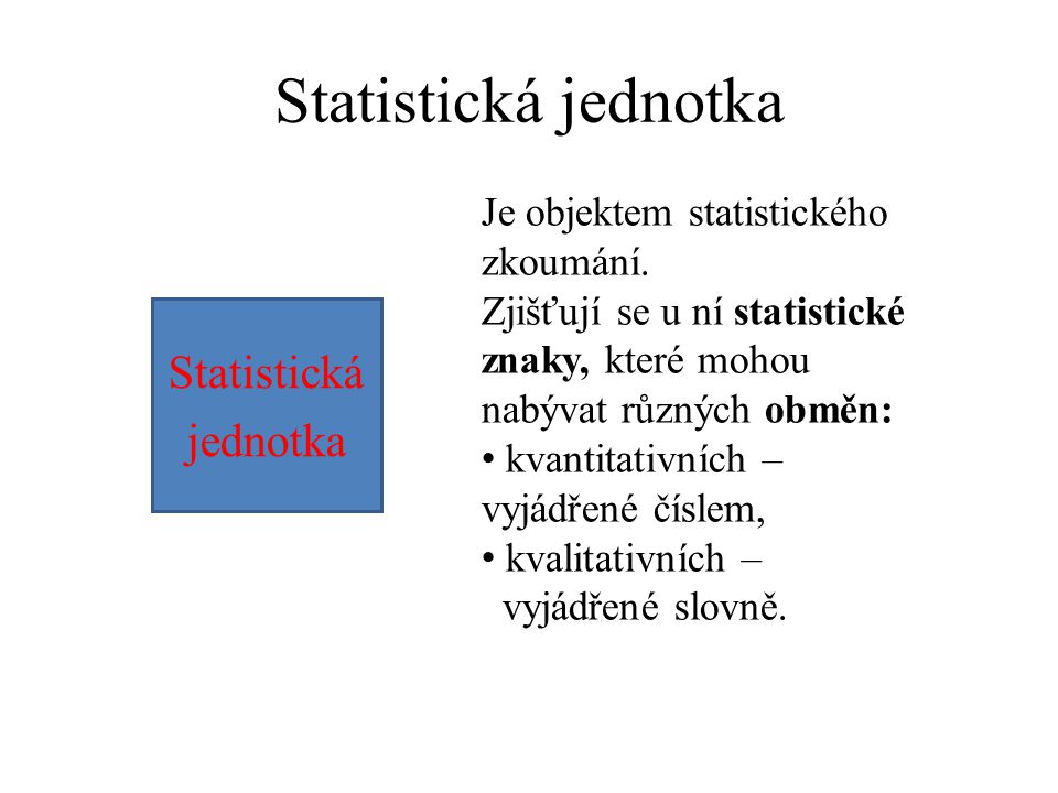 Statistická jednotka Statistická jednotka Je objektem statistického zkoumání.