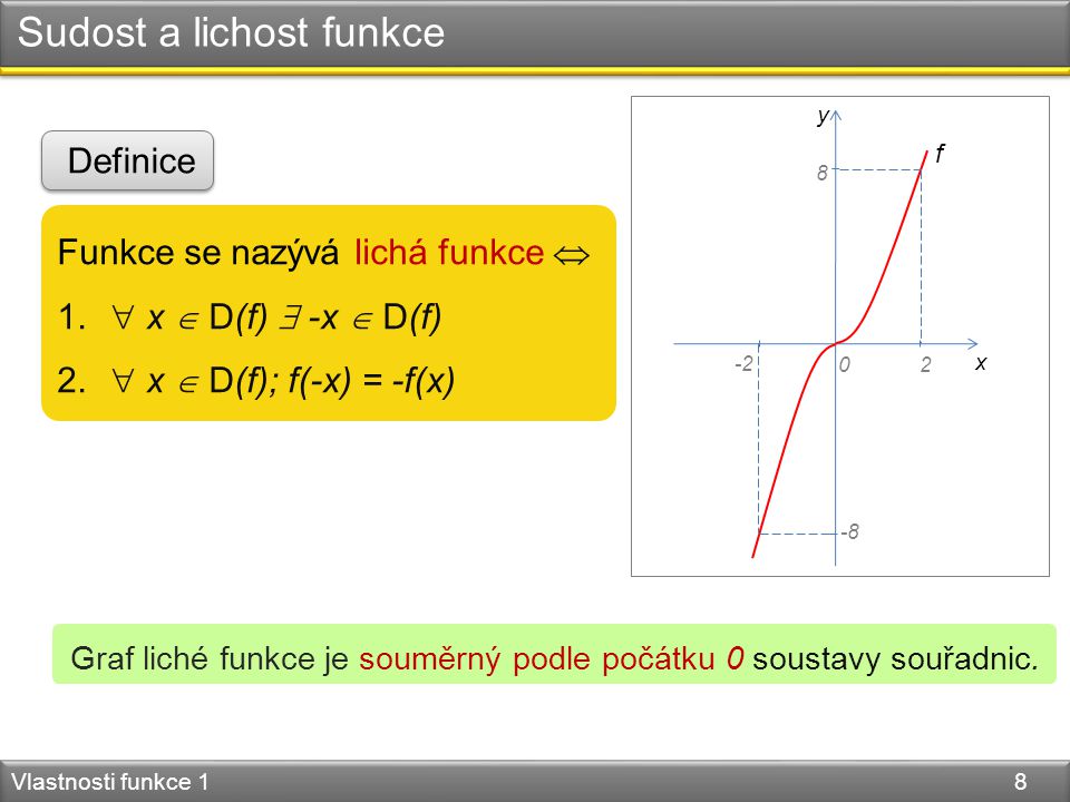 Sudost a lichost funkce Vlastnosti funkce 1 8 Funkce se nazývá lichá funkce  1.