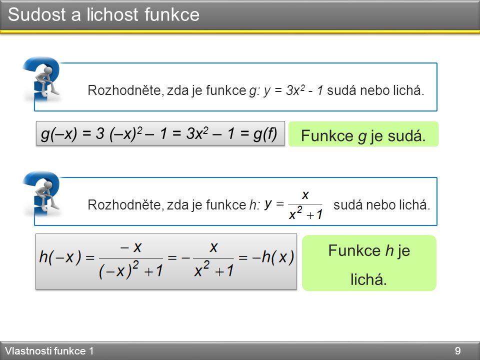 Sudost a lichost funkce Vlastnosti funkce 1 9 Funkce g je sudá.