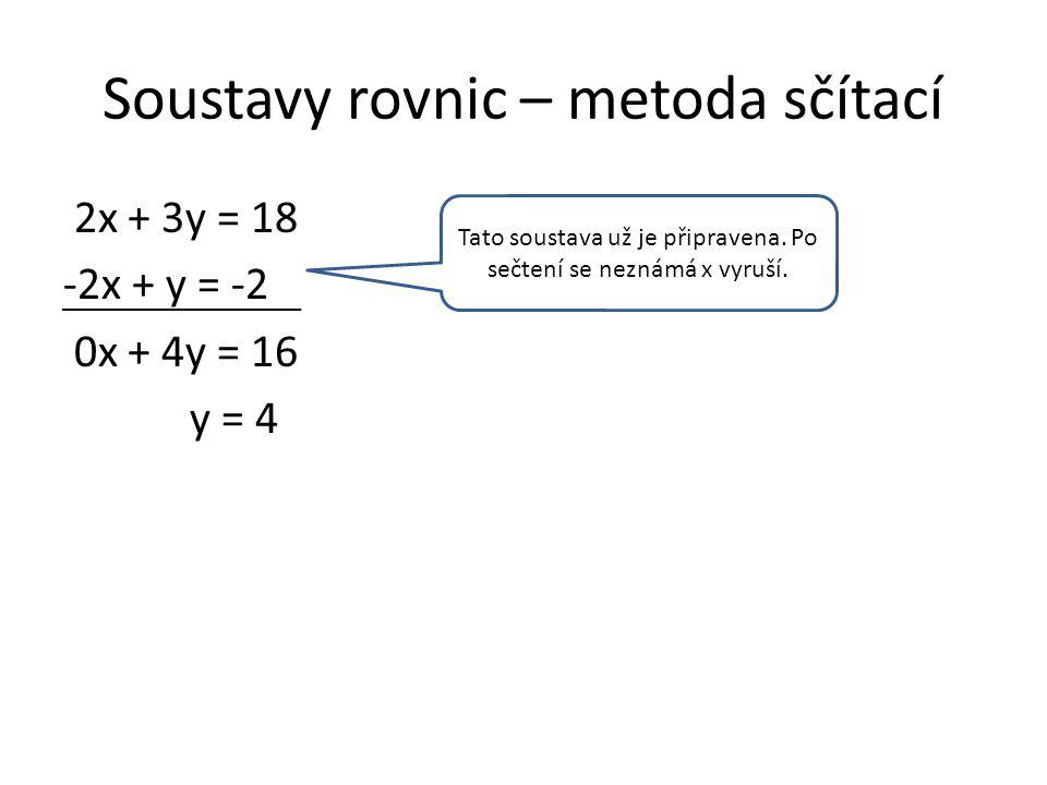 Soustavy rovnic – metoda sčítací 2x + 3y = 18 -2x + y = -2 0x + 4y = 16 y = 4 Tato soustava už je připravena.