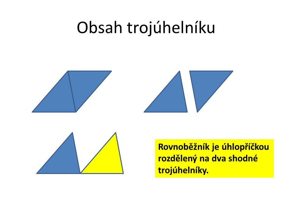 Obsah trojúhelníku Rovnoběžník je úhlopříčkou rozdělený na dva shodné trojúhelníky.