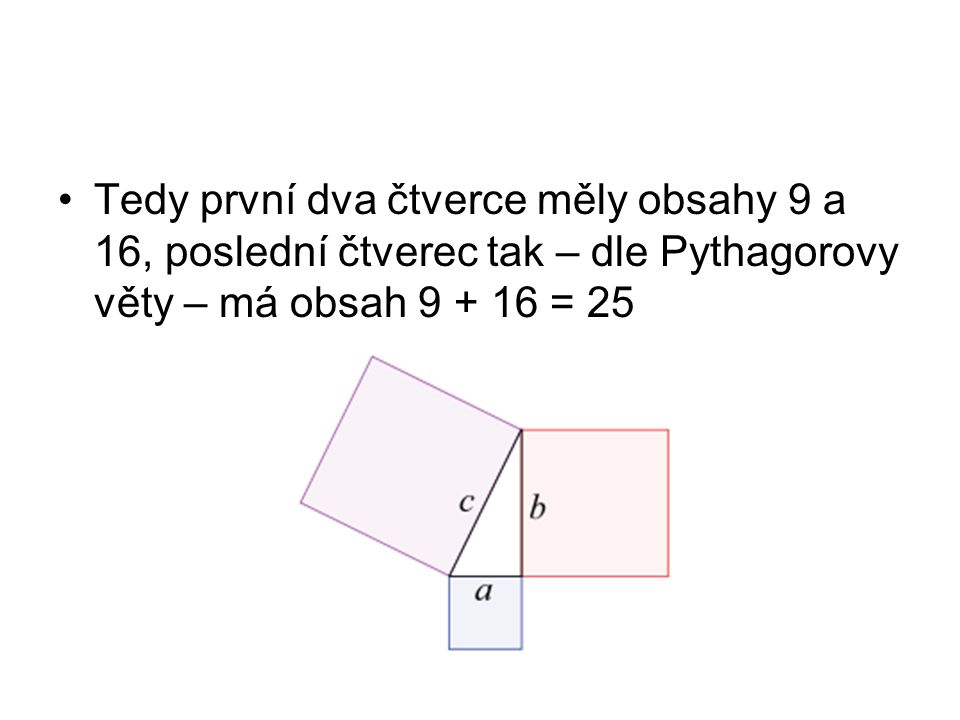 Tedy první dva čtverce měly obsahy 9 a 16, poslední čtverec tak – dle Pythagorovy věty – má obsah = 25