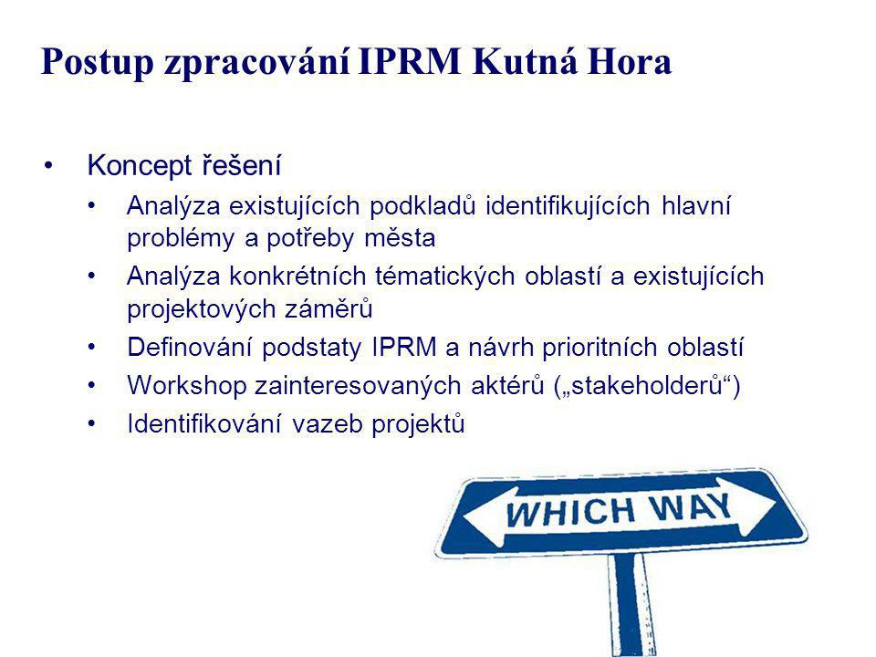 Postup zpracování IPRM Kutná Hora Koncept řešení Analýza existujících podkladů identifikujících hlavní problémy a potřeby města Analýza konkrétních tématických oblastí a existujících projektových záměrů Definování podstaty IPRM a návrh prioritních oblastí Workshop zainteresovaných aktérů („stakeholderů ) Identifikování vazeb projektů