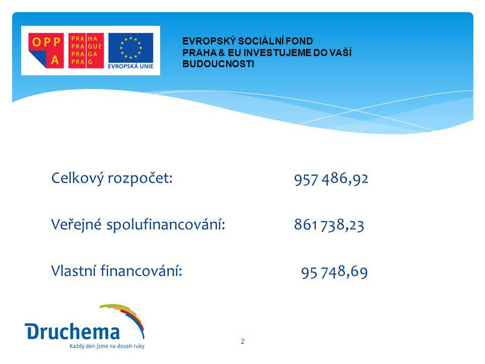 Celkový rozpočet: ,92 Veřejné spolufinancování: ,23 Vlastní financování: ,69 2 EVROPSKÝ SOCIÁLNÍ FOND PRAHA & EU INVESTUJEME DO VAŠÍ BUDOUCNOSTI