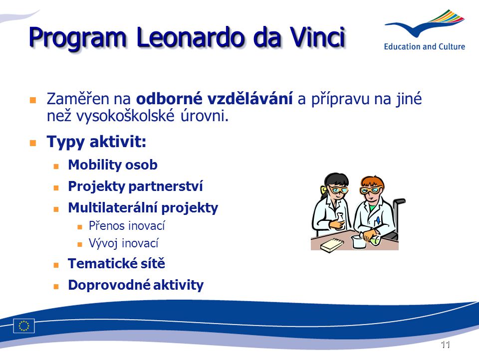11 Program Leonardo da Vinci Zaměřen na odborné vzdělávání a přípravu na jiné než vysokoškolské úrovni.