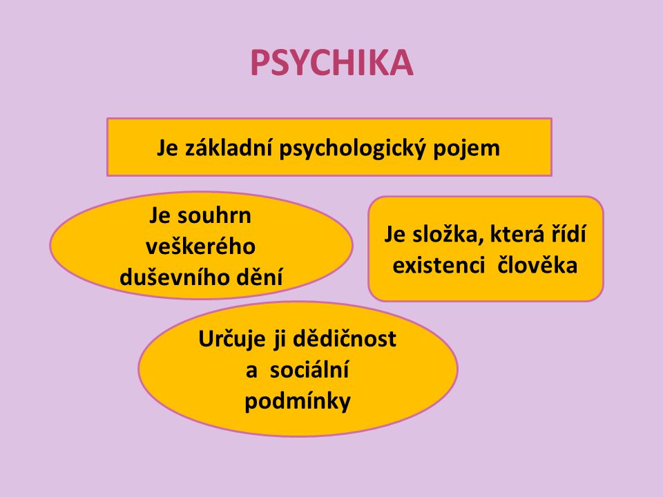 PSYCHIKA Je základní psychologický pojem Je souhrn veškerého duševního dění Je složka, která řídí existenci člověka Určuje ji dědičnost a sociální podmínky