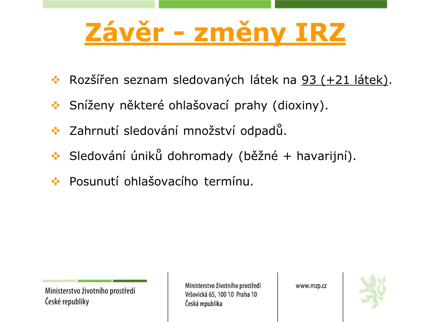Závěr - změny IRZ  Rozšířen seznam sledovaných látek na 93 (+21 látek).